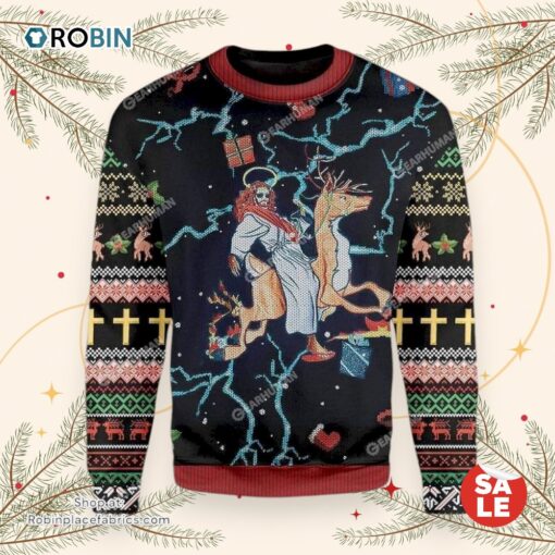 Jesus Riding Reindeer Black Christmas Ugly Christmas Sweater, Jesus Christmas Sweater