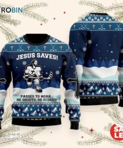 Jesus Saves Hockey Ugly Christmas Sweater, Jesus Christmas Sweater, Ugly Christmas Jesus Sweater