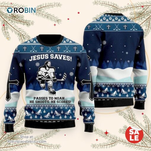 Jesus Saves Hockey Ugly Christmas Sweater, Jesus Christmas Sweater, Ugly Christmas Jesus Sweater
