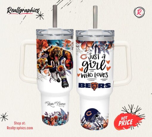 Just A Girl Loves Bears Mascot Flower Pattern 40oz Stainless Steel Tumbler and Straw Lid