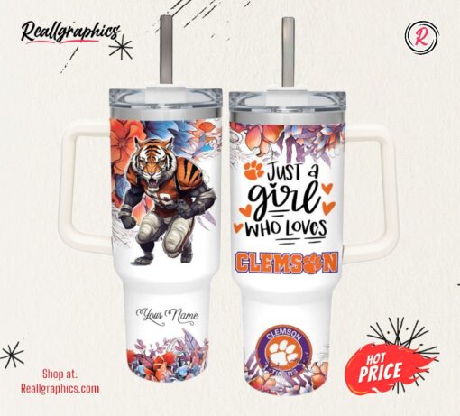 Just A Girl Loves Clemson Tigers Mascot Flower Pattern 40oz Stainless Steel Tumbler and Straw Lid