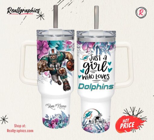 Just A Girl Loves Dolphins Mascot Flower Pattern 40oz Stainless Steel Tumbler and Straw Lid