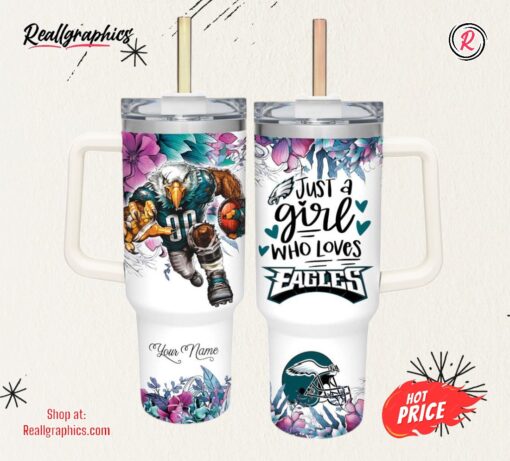 Just A Girl Loves Eagles Mascot Flower Pattern 40oz Stainless Steel Tumbler and Straw Lid