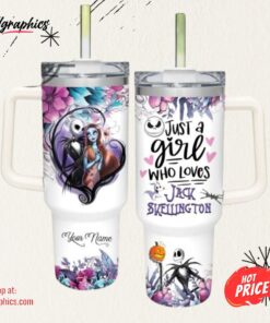 Just A Girl Loves Jack Skellington Flower Pattern 40Oz Tumbler With Handle