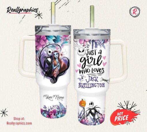 Just A Girl Loves Jack Skellington Flower Pattern 40Oz Tumbler With Handle
