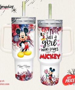 Just A Girl Loves Mickey Mouse Colorful Flower Pattern 40oz Stainless Steel Tumbler And Straw Lid 40 Oz Stanley Travel Cups
