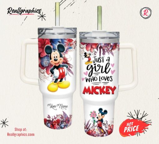 Just A Girl Loves Mickey Mouse Colorful Flower Pattern 40oz Stainless Steel Tumbler And Straw Lid 40 Oz Stanley Travel Cups
