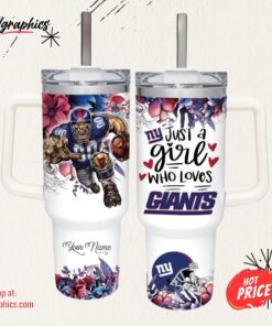 Just A Girl Loves NY Giants Mascot Flower Pattern 40oz Stainless Steel Tumbler and Straw Lid