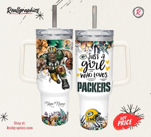 Just A Girl Loves Packers Mascot Flower Pattern 40oz Stainless Steel Tumbler and Straw Lid