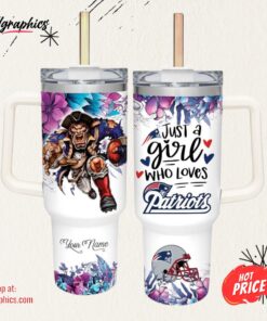 Just A Girl Loves Patriots Mascot Flower Pattern 40oz Stainless Steel Tumbler and Straw Lid
