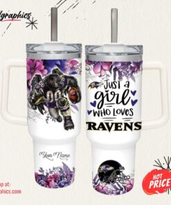 Just A Girl Loves Ravens Mascot Flower Pattern 40oz Stainless Steel Tumbler and Straw Lid
