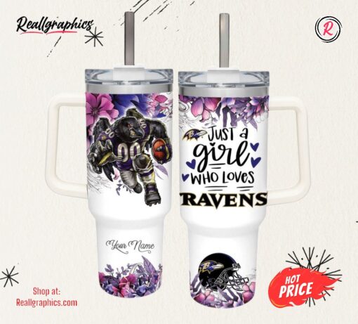 Just A Girl Loves Ravens Mascot Flower Pattern 40oz Stainless Steel Tumbler and Straw Lid