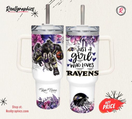 Just A Girl Loves Ravens Mascot Flower Pattern 40Oz Stainless Steel Tumbler And Straw Lid 40 Oz Stanley Travel Cups
