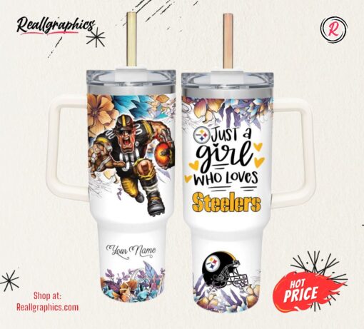 Just A Girl Loves Steelers Mascot Flower Pattern 40oz Stainless Steel Tumbler with Handle and Straw Lid