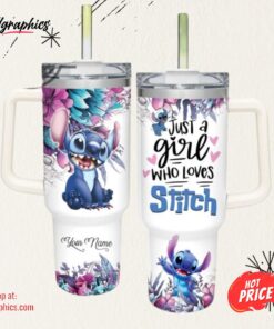 Just A Girl Loves Stitch Flower Pattern 40Oz Tumbler With Handle