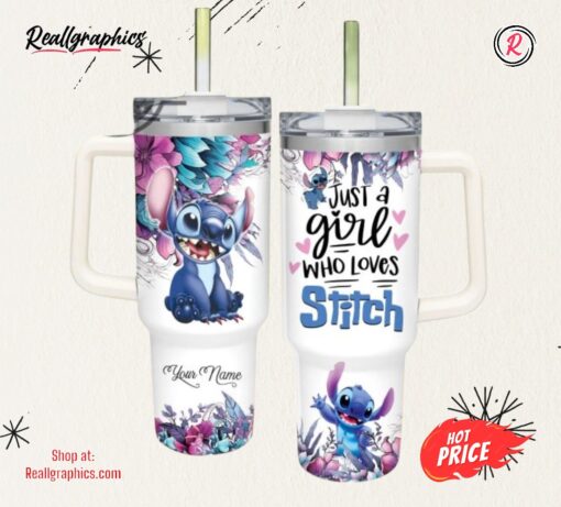 Just A Girl Loves Stitch Flower Pattern 40Oz Tumbler With Handle