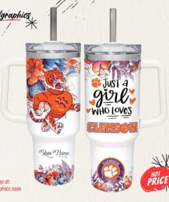 Just A Girl Loves Tigers Mascot Flower Pattern 40oz Stainless Steel Tumbler and Straw Lid