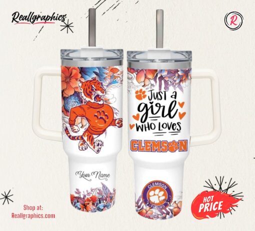 Just A Girl Loves Tigers Mascot Flower Pattern 40oz Stainless Steel Tumbler and Straw Lid
