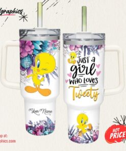 Just A Girl Loves Tweety Flower Pattern 40Oz Tumbler With Handle