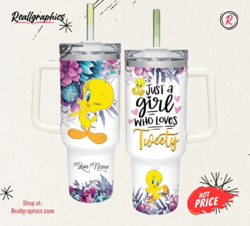 Just A Girl Loves Tweety Flower Pattern 40Oz Tumbler With Handle