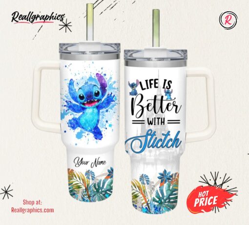 Life Is Better With Stitch 40oz Tumbler with Handle and Straw Lid
