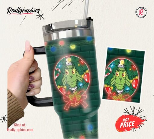 Mean Grinch Handle 40Oz Tumbler Merry Grinchmas Green Background Stainless Steel Stanley Cup How The Grinch Stole Christmas 40 Oz Xmas Travel Mugs Gift