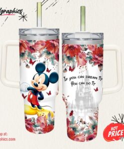 Mickey Flower Pattern 40oz Tumbler with Handle and Straw Lid