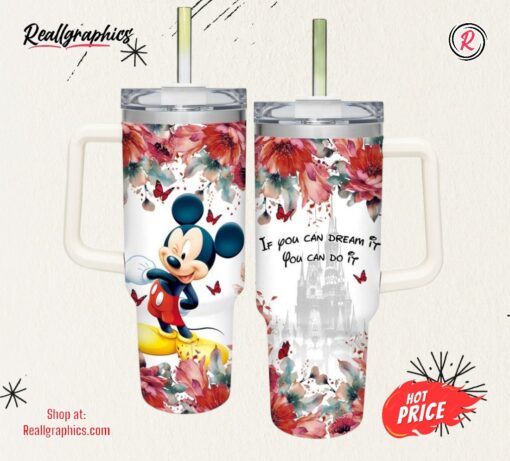 Mickey Flower Pattern 40oz Tumbler with Handle and Straw Lid