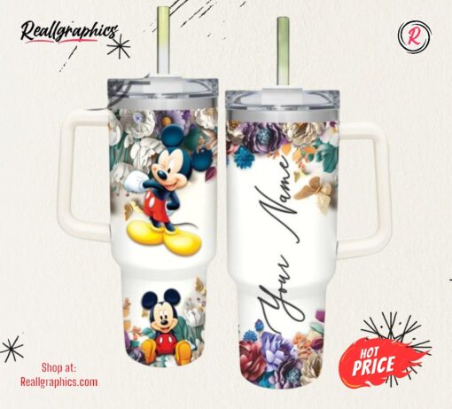 Mickey Mouse 3d Colorful Flower Sublimation Pattern 40oz Tumbler With Handle And Straw Lid 40 Oz Stanley Travel Cups