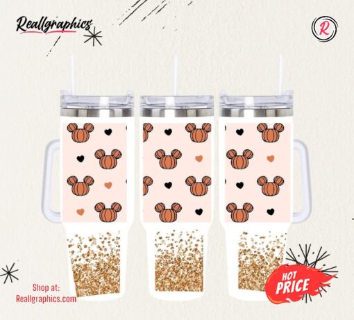 Mickey Mouse Halloween Cup 40oz Mouse With Ears Pumpkins 40 Oz Stainless Steel Quencher Tumbler With Handle Faux Glitter Disney Characters Stanley Cups Dupe