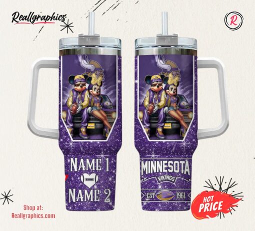 Minnesota Vikings NFL Mickey And Minnie Couple 40oz Stanley Tumbler Custom Name