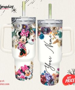 Minnie Mouse 3D Colorful Flower Sublimation Pattern 40Oz Tumbler With Handle And Straw Lid 40 Oz Stanley Travel Cups