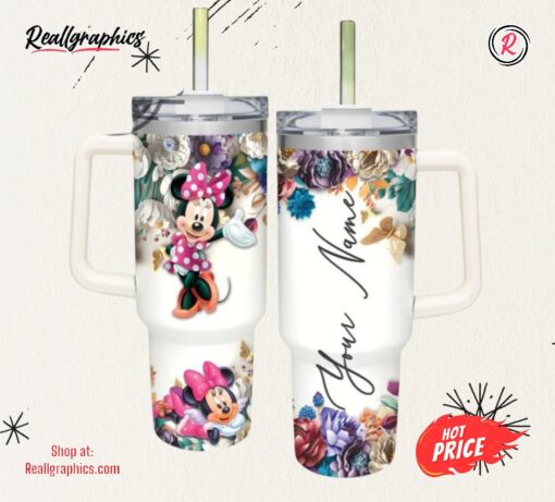 Minnie Mouse 3D Colorful Flower Sublimation Pattern 40Oz Tumbler With Handle And Straw Lid 40 Oz Stanley Travel Cups