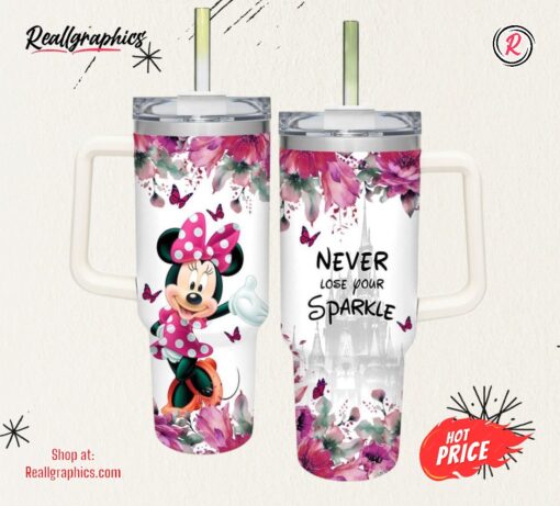 Minnie Mouse Flower Pattern 40oz Tumbler with Handle and Straw Lid