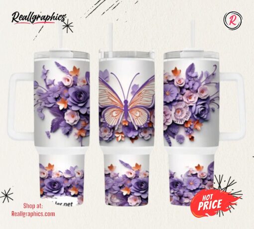 Mother Day 3d Purple Butterfly And Flowers 40 Oz 2 Piece Tumbler Wrap