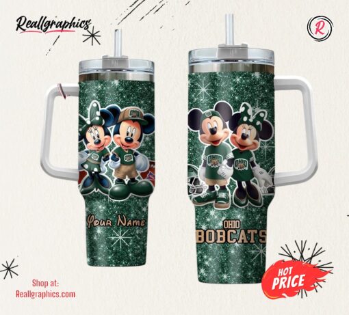 NCAA Ohio Bobcats Mickey And Minnie Couple 40oz Stainless Steel Tumbler With Handle