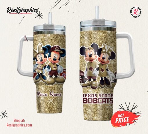NCAA Texas State Bobcats Mickey And Minnie Couple 40oz Stainless Steel Tumbler With Handle