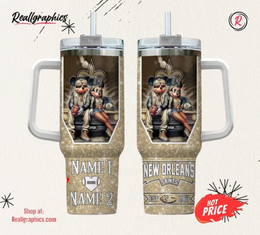 New Orleans Saints NFL Mickey And Minnie Couple 40oz Stanley Tumbler Custom Name