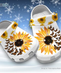 Orange Flowers of Sunflower and Fluttering Butterflies 3D Printed Crocs Clogs Shoes