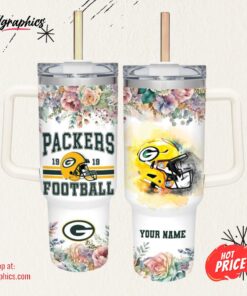 Packers Helmet Flame Pattern 40oz Stainless Steel Tumbler and Straw Lid