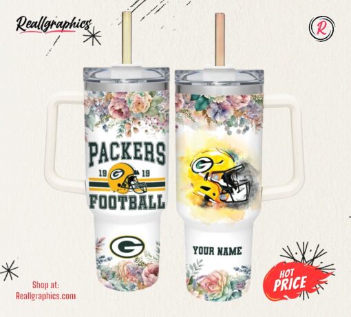Packers Helmet Flame Pattern 40oz Stainless Steel Tumbler and Straw Lid