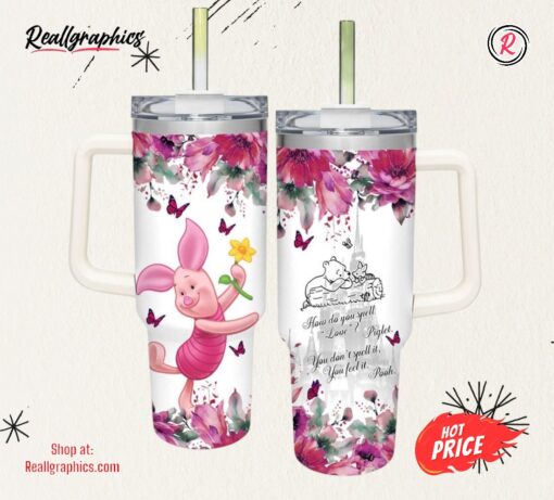 Piglet Flower Pattern 40oz Tumbler with Handle and Straw Lid