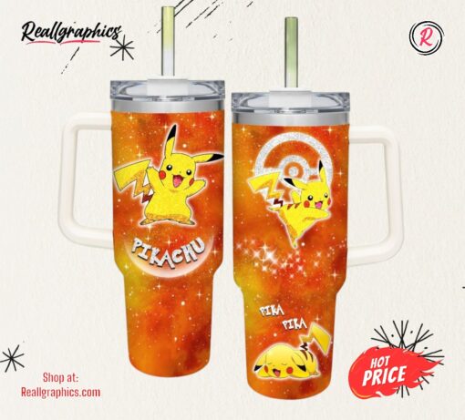 Pikachu Pattern 40oz Tumbler with Handle and Straw Lid