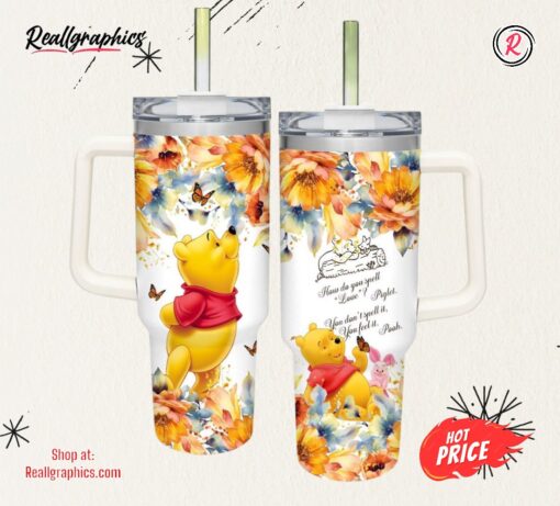 Pooh Flower Pattern 40oz Tumbler with Handle and Straw Lid