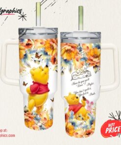 Pooh Flower Pattern 40Oz Tumbler With Handle And Straw Lid 40 Oz Stanley Travel Cups gift