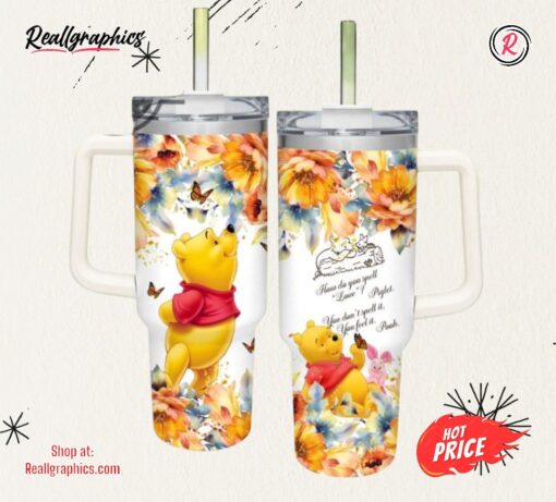 Pooh Flower Pattern 40Oz Tumbler With Handle And Straw Lid 40 Oz Stanley Travel Cups gift