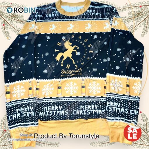 Sassenach Spirits Christmas Sweater   Unicorn Whiskey Bottle Design