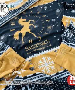 Sassenach Spirits Christmas Sweater   Unicorn Whiskey Bottle Design