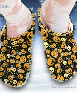 Skull Pumpkin with Black 3D Printed Crocs Clogs Shoes