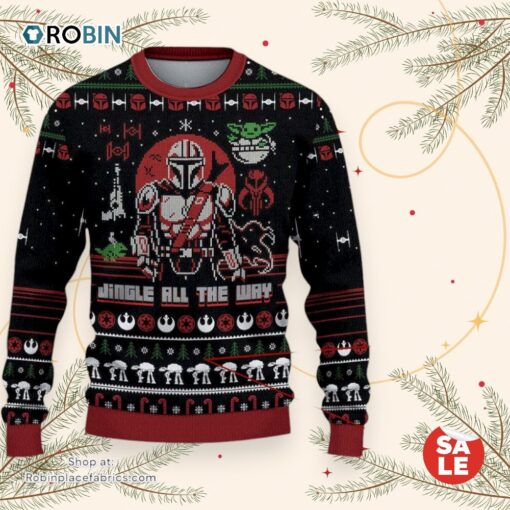 Star Wars Jingle All The Way Mandalorian Yoda Ugly Christmas Sweater, Star Wars Christmas Sweater